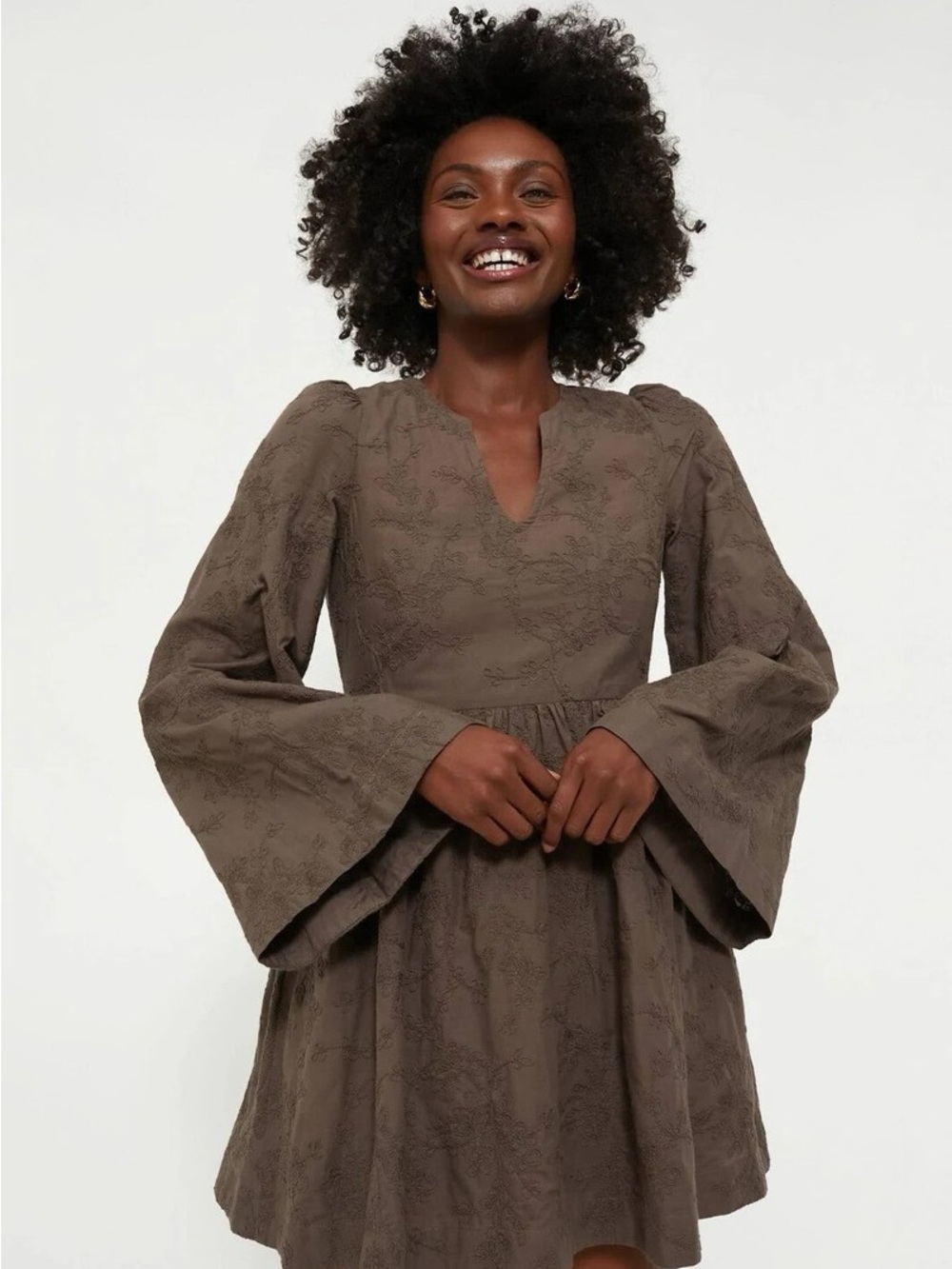 Hyacinth House Brown Textured Becca Bell-Sleeved Mini Dress